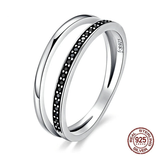 Bamoer Genuine 925 Sterling Silver Double Circle Black Clear CZ Stackable Finger Ring for Women Fine Silver Jewelry Gift SCR082