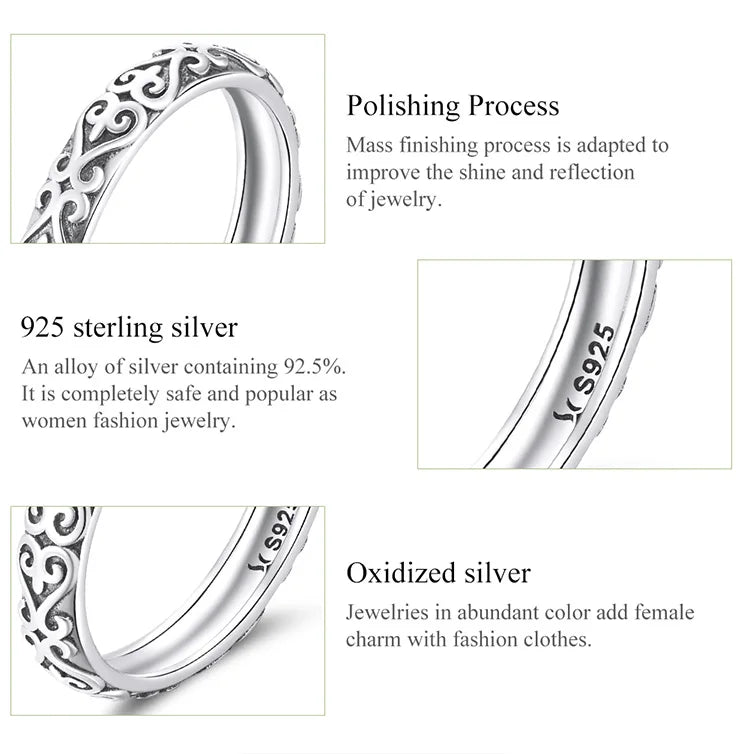 Silver Embossed Vintage Pattern Ring for Women