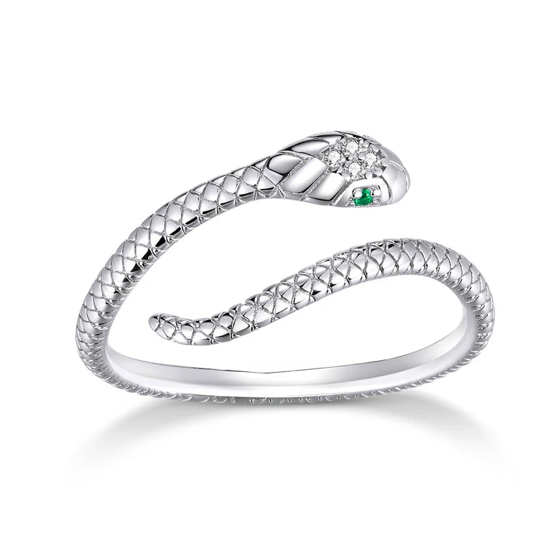 BAMOER 925 Sterling Silver Platinum Plated Adjustable Ring, Green Zircon Retro Textures Snake Ring Fashion Jewelry 4 Colors