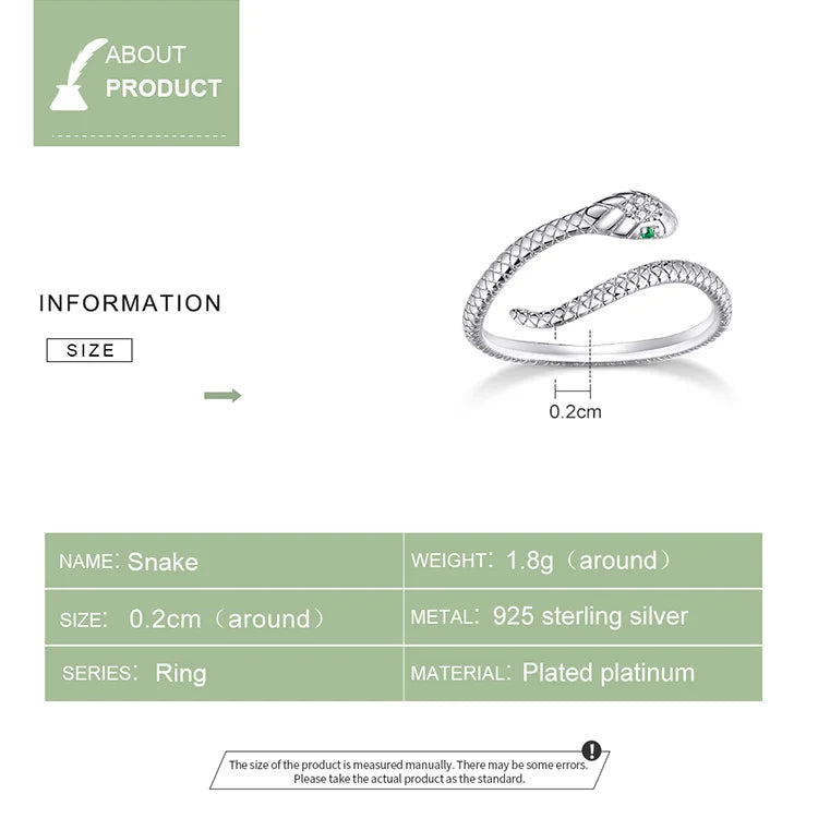 BAMOER 925 Sterling Silver Platinum Plated Adjustable Ring, Green Zircon Retro Textures Snake Ring Fashion Jewelry 4 Colors