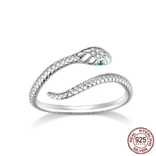 BAMOER 925 Sterling Silver Platinum Plated Adjustable Ring, Green Zircon Retro Textures Snake Ring Fashion Jewelry 4 Colors