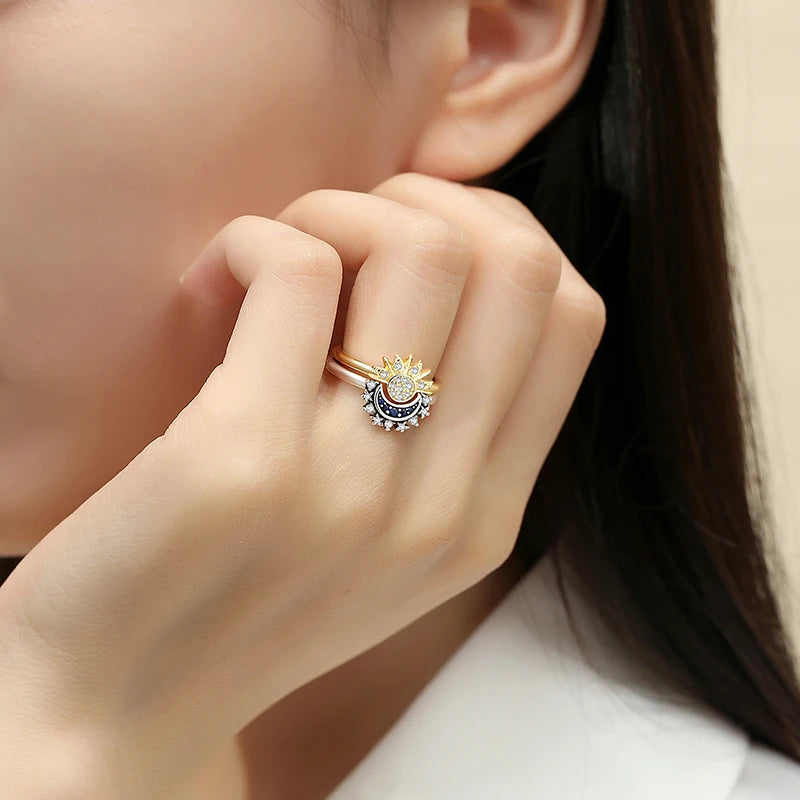 Silver Rings For Women Crown Love Heart Sun Moon Engagement Wedding Rose Gold Pave CZ Ring Luxury Jewelry