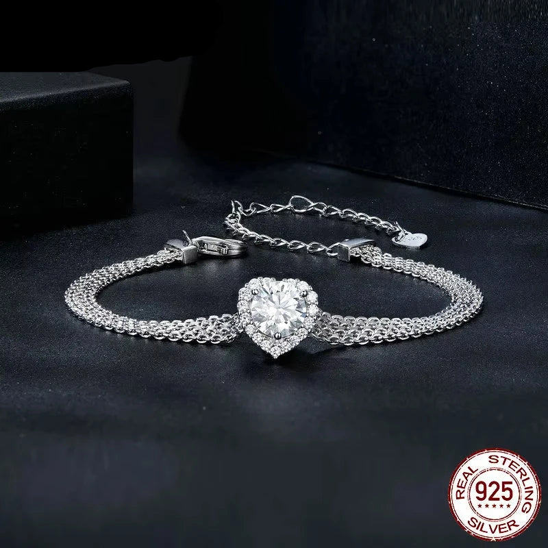 BAMOER Solid 925 Sterling Silver 4mm Mesh Link Chain Bracelet, White Gold Plated Heart Moissanite Woven Bracelet for Women