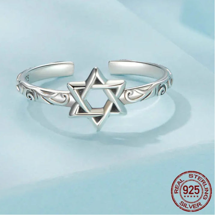 BAMOER 925 Sterling Silver Star of David Adjustable Ring, Religous Retro Pattern Jewelry Christmas Birthday Gift for Women