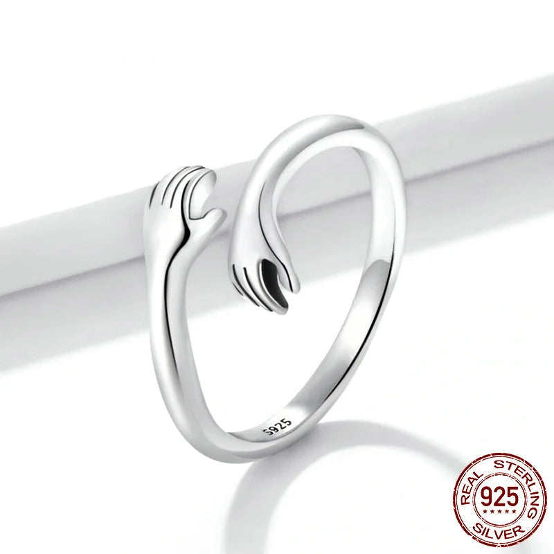 BAMOER 925 Sterling Silver Hug Warmth and Love Hand Adjustable Ring for Women Party Jewelry, His Big Loving Hugs Ring 3 Colors