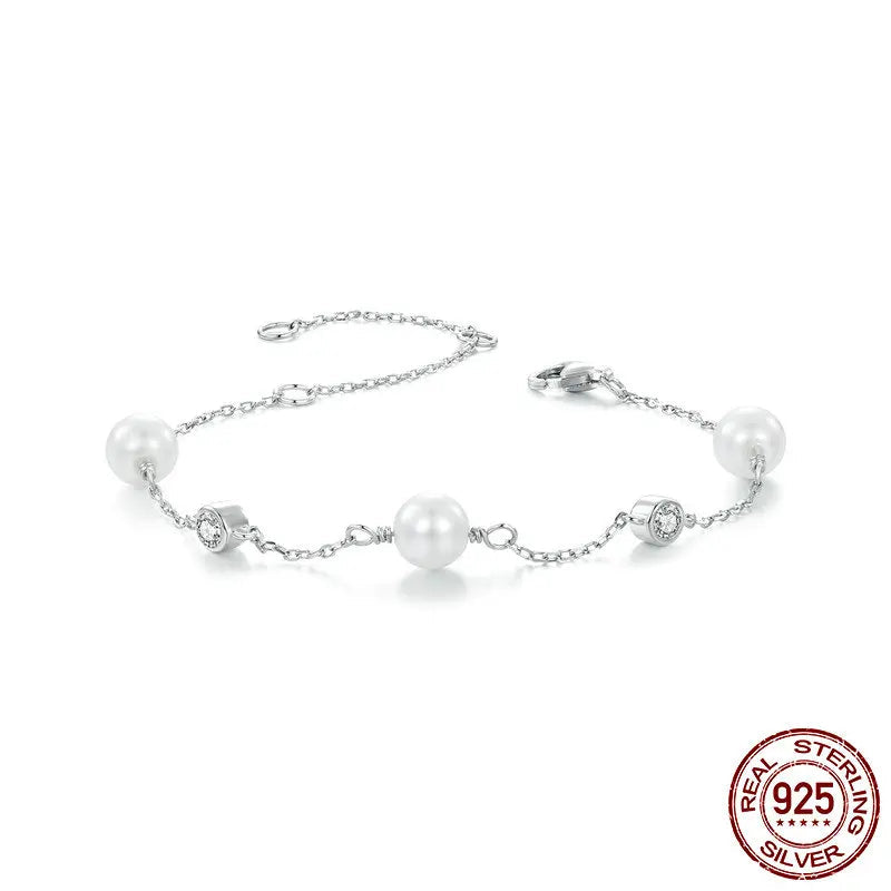 BAMOER 925 Sterling Silver Tiny Moissanite Bracelet, Dainty Shell Pearl Adjustable Chain Layered Bracelets Bridesmaid Jewelry