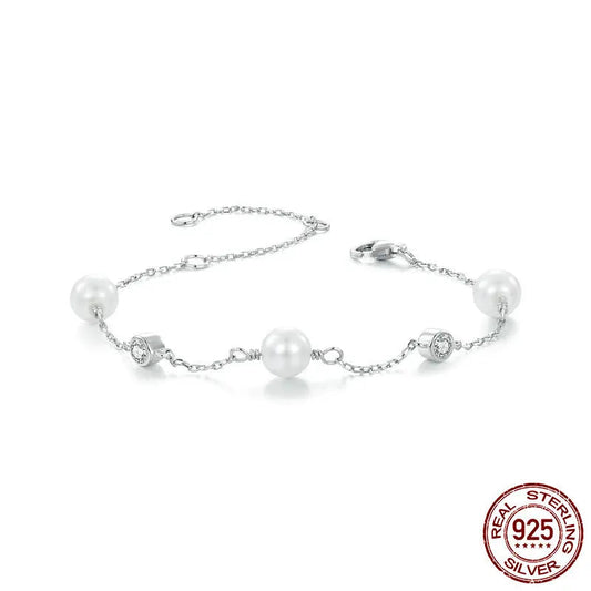 BAMOER 925 Sterling Silver Tiny Moissanite Bracelet, Dainty Shell Pearl Adjustable Chain Layered Bracelets Bridesmaid Jewelry