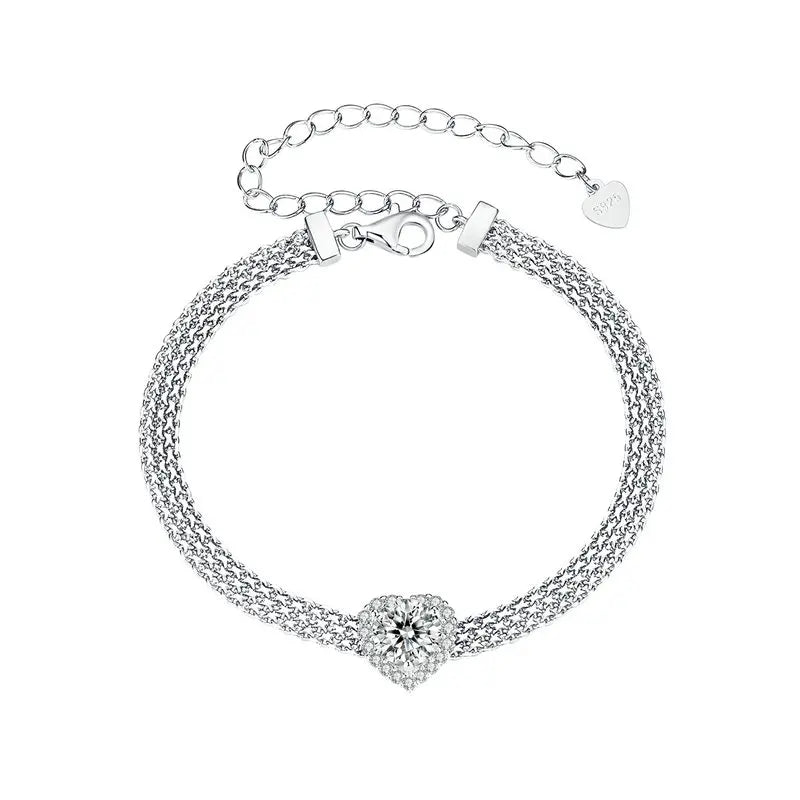 BAMOER Solid 925 Sterling Silver 4mm Mesh Link Chain Bracelet, White Gold Plated Heart Moissanite Woven Bracelet for Women