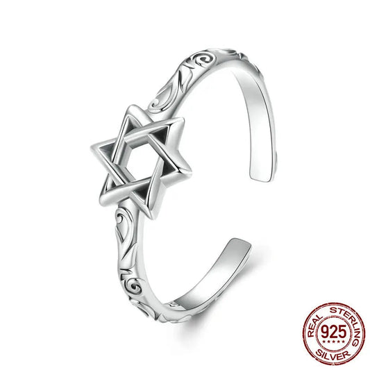 BAMOER 925 Sterling Silver Star of David Adjustable Ring, Religous Retro Pattern Jewelry Christmas Birthday Gift for Women