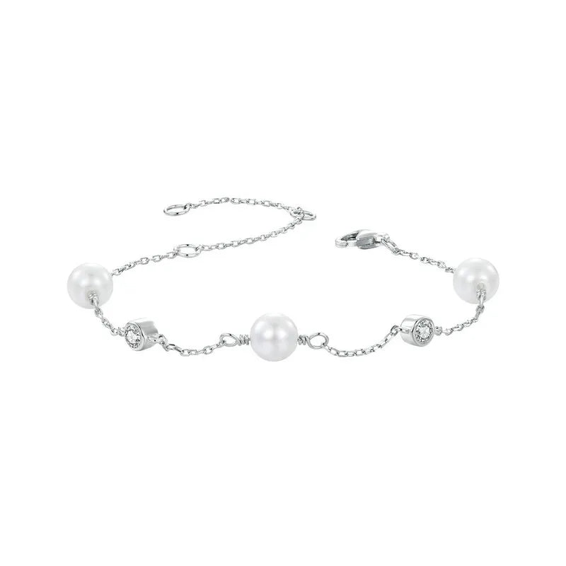 BAMOER 925 Sterling Silver Tiny Moissanite Bracelet, Dainty Shell Pearl Adjustable Chain Layered Bracelets Bridesmaid Jewelry