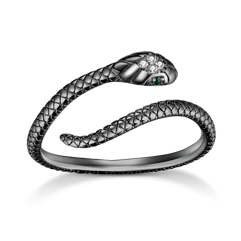 BAMOER 925 Sterling Silver Platinum Plated Adjustable Ring, Green Zircon Retro Textures Snake Ring Fashion Jewelry 4 Colors