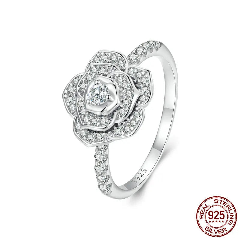 Bamoer 925 Sterling Silver Luxury Flower Ring Delicate Clear Rose Ring Pave Setting CZ for Women Fine Jewelry Gift