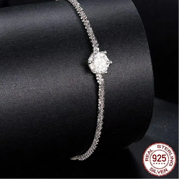 BAMOER Round White Moissanite Bracelet for Women, 1 Carat Lab Grown Diamond 925 Sterling Silver Elegant Bracelet