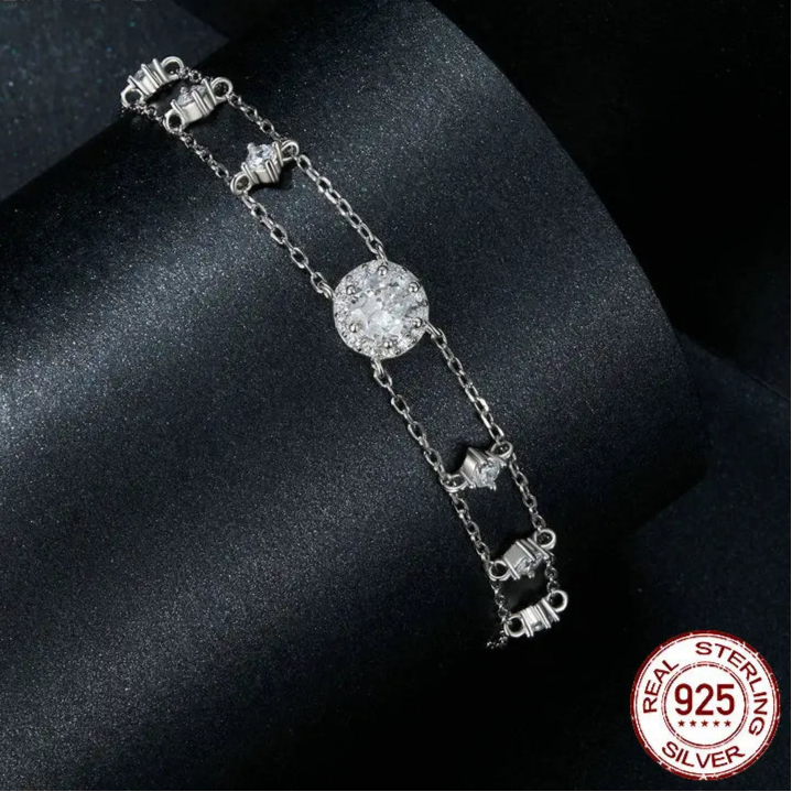 BAMOER Halo Moissanite Bracelet Double-layer Starry Chain Link for Women Engagement 925 Sterling Silver Jewelry Gift