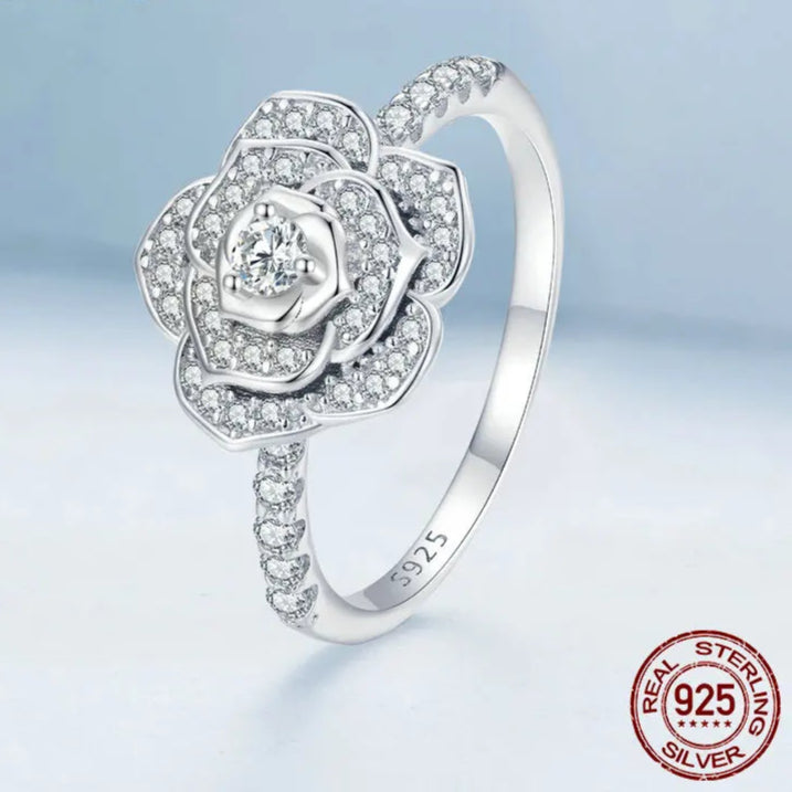 Bamoer 925 Sterling Silver Luxury Flower Ring Delicate Clear Rose Ring Pave Setting CZ for Women Fine Jewelry Gift