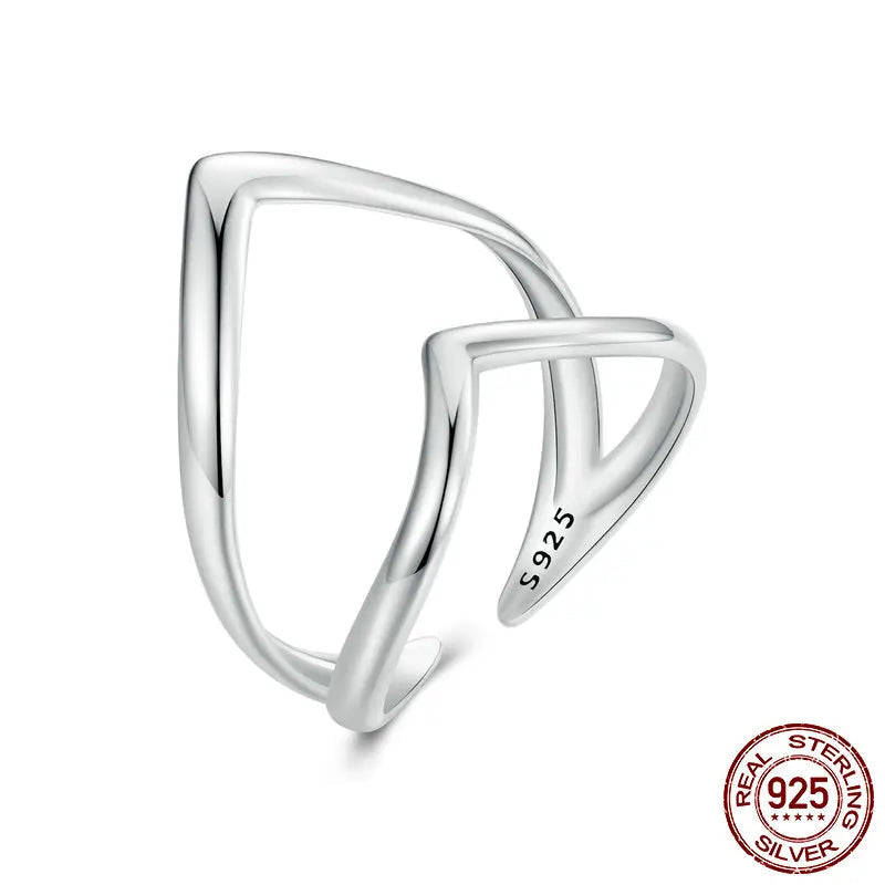 BAMOER 925 Sterling Silver Punk Style V-shaped Opening Ring Double-layer Adjustable Ring Simple Fine Jewelry for Women SCR981-E