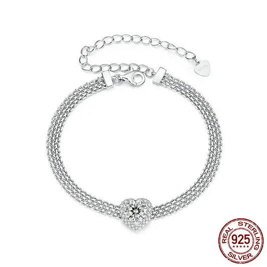 BAMOER Solid 925 Sterling Silver 4mm Mesh Link Chain Bracelet, White Gold Plated Heart Moissanite Woven Bracelet for Women