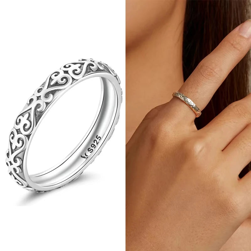 Silver Embossed Vintage Pattern Ring for Women