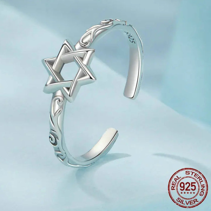 BAMOER 925 Sterling Silver Star of David Adjustable Ring, Religous Retro Pattern Jewelry Christmas Birthday Gift for Women