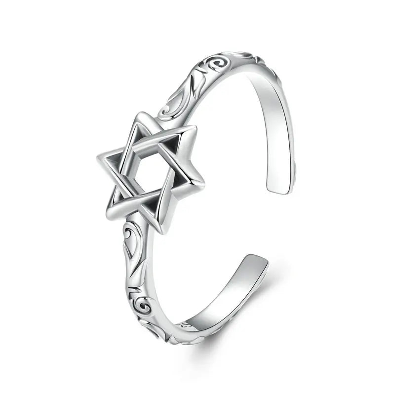 BAMOER 925 Sterling Silver Star of David Adjustable Ring, Religous Retro Pattern Jewelry Christmas Birthday Gift for Women