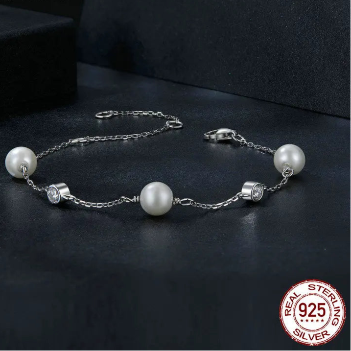 BAMOER 925 Sterling Silver Tiny Moissanite Bracelet, Dainty Shell Pearl Adjustable Chain Layered Bracelets Bridesmaid Jewelry