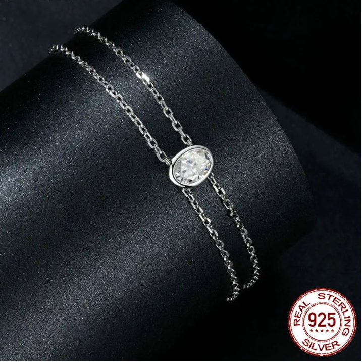 Sterling Silver Double-layer 1CT Moissanite Bracelet Oval Shape Lab Grown Diamond Chain Link for Women Wedding Gift