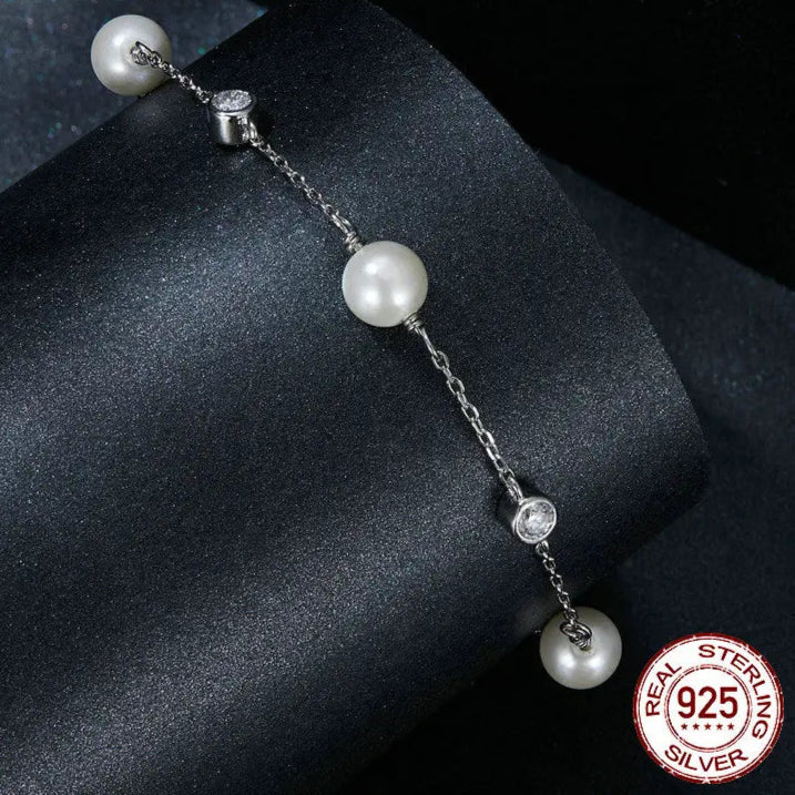 BAMOER 925 Sterling Silver Tiny Moissanite Bracelet, Dainty Shell Pearl Adjustable Chain Layered Bracelets Bridesmaid Jewelry