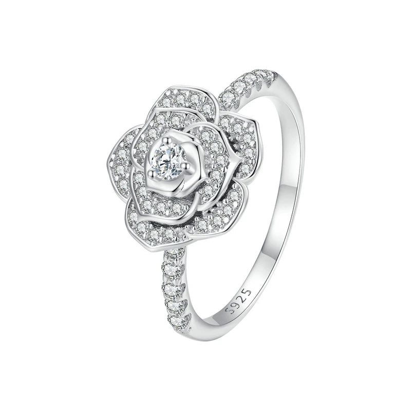 Bamoer 925 Sterling Silver Luxury Flower Ring Delicate Clear Rose Ring Pave Setting CZ for Women Fine Jewelry Gift