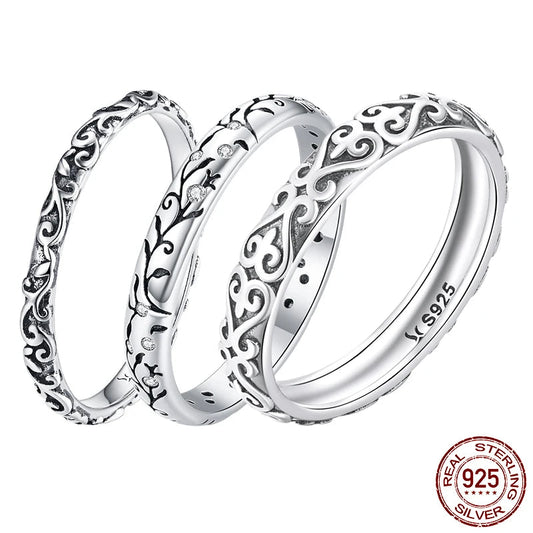 Silver Embossed Vintage Pattern Ring for Women